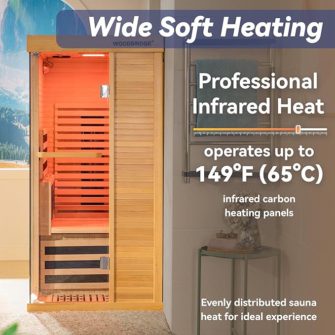Woodbridge Infrared Home Sauna Room 1 Person Hemlock Wooden Indoor Sauna,7 Carbon 1560W/120V Heaters,with Led Color Therapy Light,Bluetooth Speaker,Tempered Glass,Touch-Tone Keypad and A Top Vent