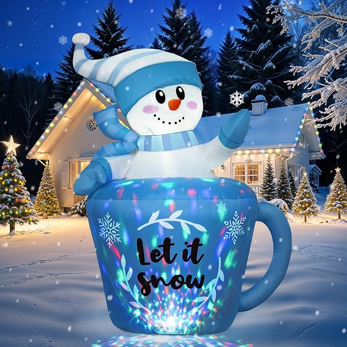 OurWarm 5FT Christmas Inflatable Snowman in Mug, Adorable Blue Snowman Blow Up Awaiting the Snow, Christmas Inflatables Outdoor Decorations with Built-in LEDs & Blower for Yard Lawn Winter Inflatables