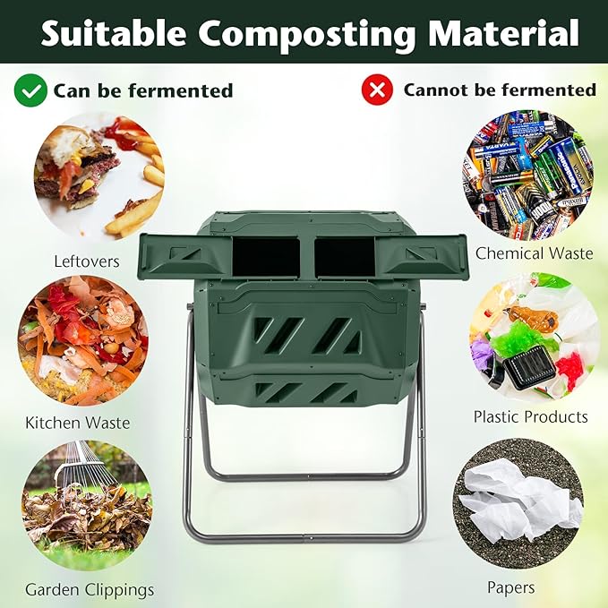 Goplus Compost Bin, Outdoor 42-Gal Dual Chamber Composting Tumbler w/2 Sliding Doors, Heavy-Duty Metal Frame, 360° Rotatable Tumbling Composter, BPA-Free Compost Tumbler for Kitchen Garden Yard Waste
