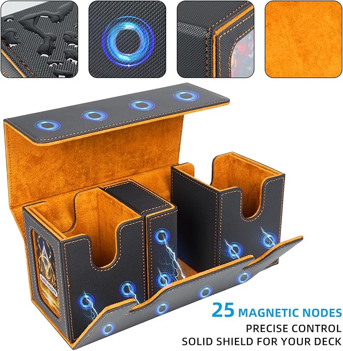 AFIING MTG Commander Deck Box 200 Double Sleeved Cards Storage, 3-in-1 Magnetic Card Case Organizer for Magic: The Gathering TCG CCG, 4 Dividers & 2 Toploaders (Black/Orange)