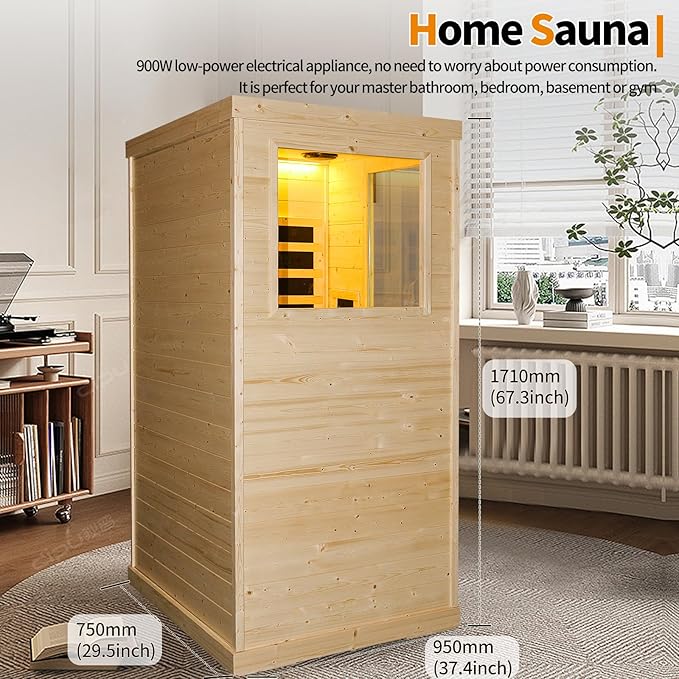 Far Infrared Sauna 1 Person Sauna Room Home Spruce Wood Indoor Saunas 900W/110V Low EMF Dry Sauna 5 Energy Saving Heating Panels, Built-in Control Panel, Speakers, Reading Lights and Circulation Vents