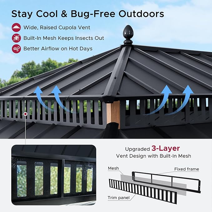SUNJOY Kingston 20' x 12' Hardtop Gazebo with Galvanized Steel Double Roof, Curtain and Netting, Woodgrain Finish Aluminum Posts Permanent Pavilion Gazebo for Garden, Patio, Deck, Lawn