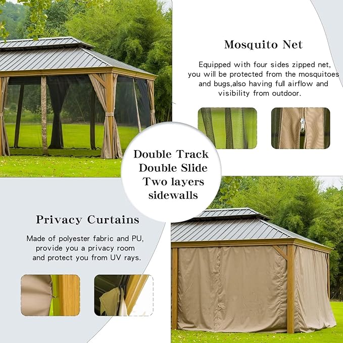 Domi Outdoor Living 12’x20’ Hardtop Gazebo, Wooden Coated Aluminum Frame Canopy with Galvanized Steel Double Roof, Outdoor Permanent Metal Pavilion with Curtains and Netting for Patio, Deck and Lawn
