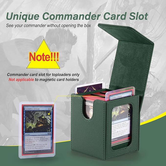 MTG Deck Box, Double Display Window MTG, Commander Deck Box Fits 120+ Single Sleeved Cards, PU Leather Magnetic Closure Card Box with 2 Dividers&2 Toploaders for TCG, CCG, Green