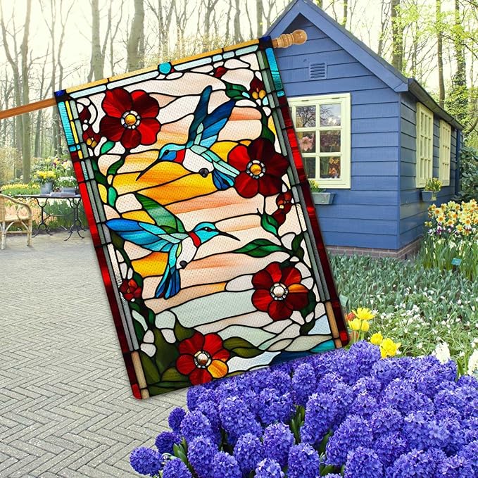 Spring Summer Hummingbird Garden Flag Glass Style Vertical Double Sided Rustic Farmland Burlap Yard Lawn Outdoor Decor 28x40"