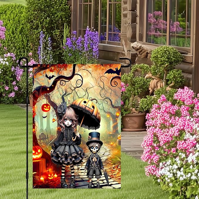 Halloween Horror Garden Flag 12x18 Inch Gothic Doll Pumpkin Umbrella Skull Boy Flag Outdoor Yard Decoration House Banner Porch Lawn Patio Home Decor