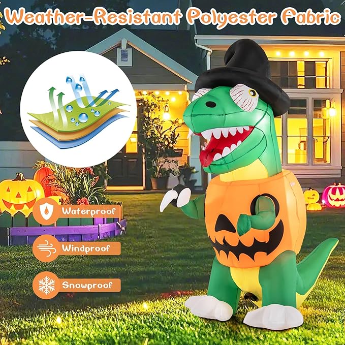 Goplus 6 FT Inflatable Pumpkin Dinosaur, Blow up Yard Decoration with Built-in LED Lights & Witch Hat, Halloween Inflatable Decoration with Stakes, Tethers & Sandbag, for Garden, Yard & Lawn