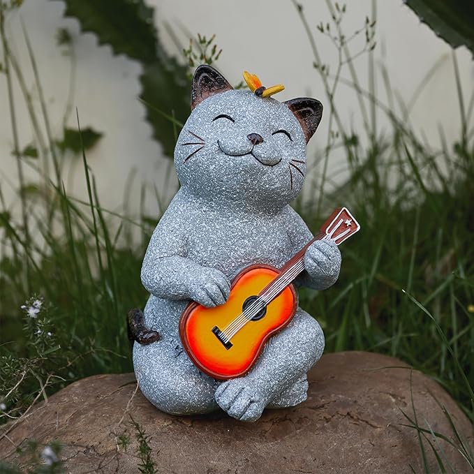 Cat Garden Statue Outdoor Decor, Cat Sculpture with Guitar and Butterfly for Yard Lawn Patio Balcony, Christmas Birthday Housewarming Gifts for Mom, Grandma, Women, 8.8 inch, Resin