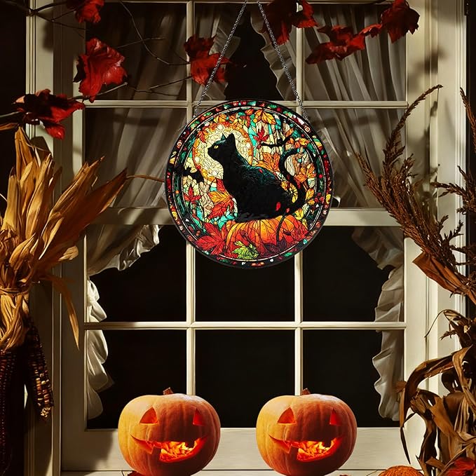 Stained Glass Window Hanging, Halloween Decorations Black Cat Maple Leaf Suncatcher for Doors Garden Indoor Funny Spooky Sun Catchers Gothic Decor for Women, Men, and Mom 8 in