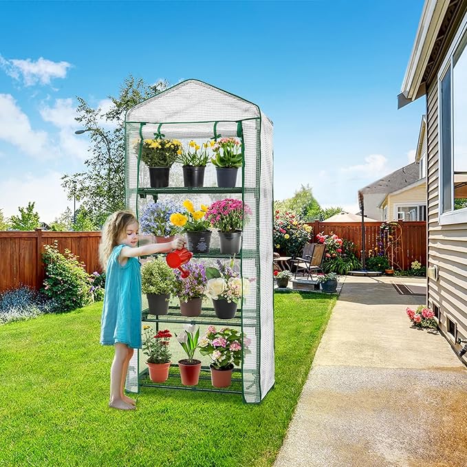 EAGLE PEAK 4-Tier Mini Greenhouse Portable Green House with Shelves & Weather-Resistant PE Cover, Small Greenhouse for Seedlings & Gardening Gifts, 27x19x64 in, Clear/White