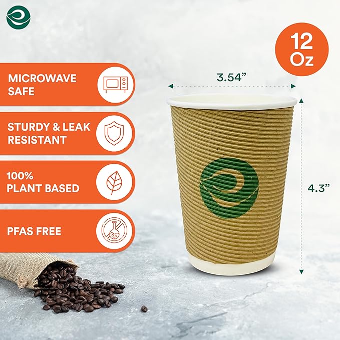 ECO SOUL 12oz Compostable Ripple Cups (50 Pack) – Biodegradable Paper Cups, Non-Toxic Disposable Cups for Hot Drinks, To-Go Coffee Cups, Eco-Friendly & Ripple Paper Cups
