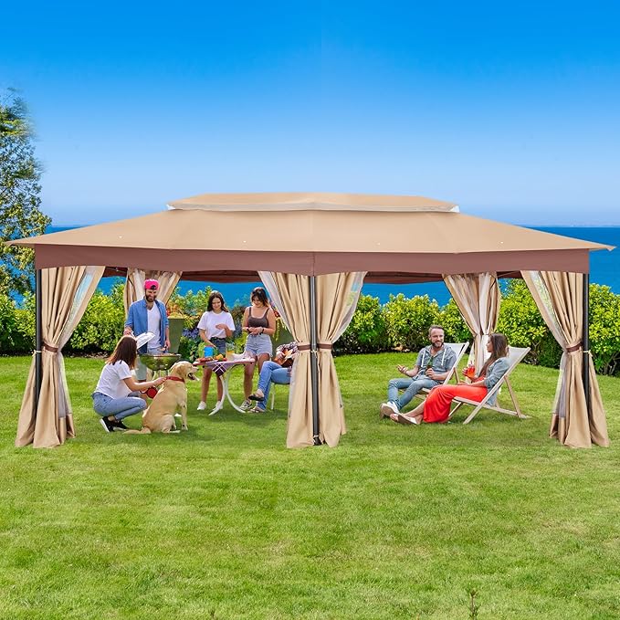 COBIZI Gazebo 12x20 Heavy Duty Gazebos with Curtain and Netting Outdoor Gazebo Canopy Double Roof Patio Gazebos with Metal Steel Frame for Patio, Deck, Backyard (Khaki)