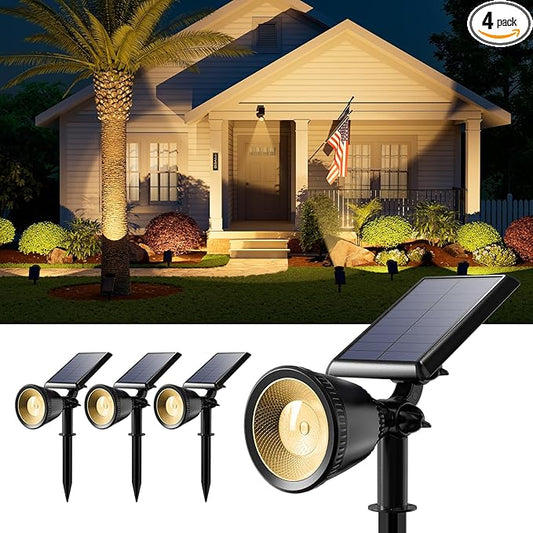 4 Pack Solar Powered Sunset Landscape Spotlights Outdoor Waterproof for Tree, House, Statue, Sign Spot Lights for Outside Yard, Garden, Lawn, Path, Walkway with Independent Uplight & Panel, Warm White