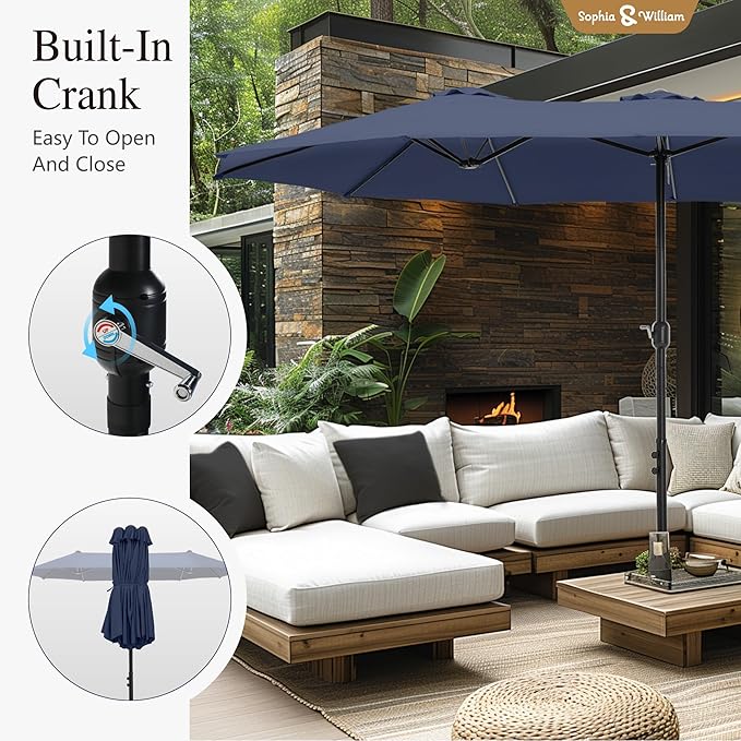 Sophia & William 15 ft Extra Large Patio Umbrella with Base Included, Rectangular Outdoor Umbrella Heavy Duty, Market Umbrella Double-sided Fade Resistant for Pool Garden Backyard, Navy Blue