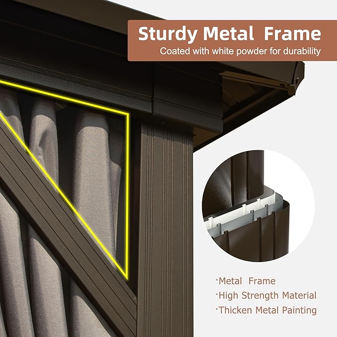 Domi Hardtop Gazebo 12x14FT, Aluminum Outdoor Gazebo with Galvanized Steel Double Roof Canopy, Curtains and Netting Included, Metal Gazebo Permanent Pavilion for Patio, Lawn, Garden, Brown