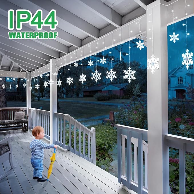 Christmas Snowflake Lights, 16.73ft Outdoor LED Icicle With 20 Drops, Waterproof Cool White Lighting for Eaves, Window, Curtain Xmas Decorate