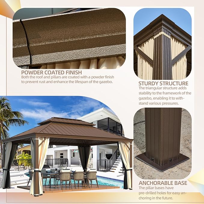 YOLENY 12'x16' Hardtop Gazebo, Wood Grain Aluminum Frame Outdoor Gazebo with Galvanized Steel Roof, Permanent Metal Pavilion with Curtains and Nettings for Patio, Backyard, Deck and Lawns