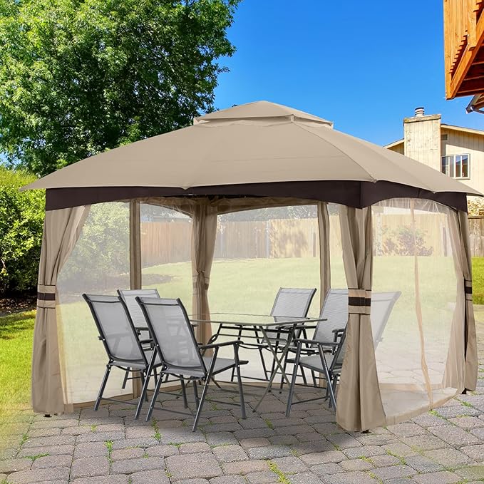 MASTERCANOPY Outdoor Patio Gazebo for Garden with Upgrade Steel Frame and Netting Walls (10x12,Khaki)