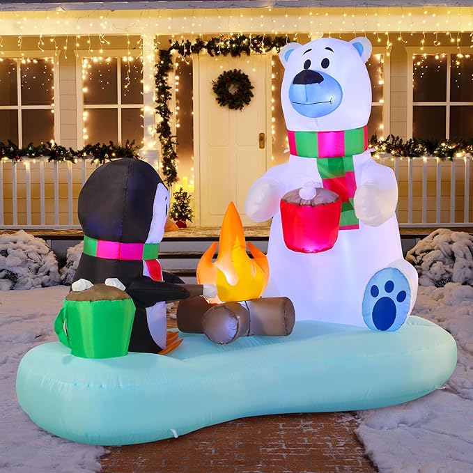 Joiedomi 6 FT Long Christmas Inflatable Polar Bear and Penguin with Campfire Decoration, Blow Up Yard Decoration Christmas Inflatable with Build-in LEDs Blow Up for Xmas Party, Lawn, Winter Décor