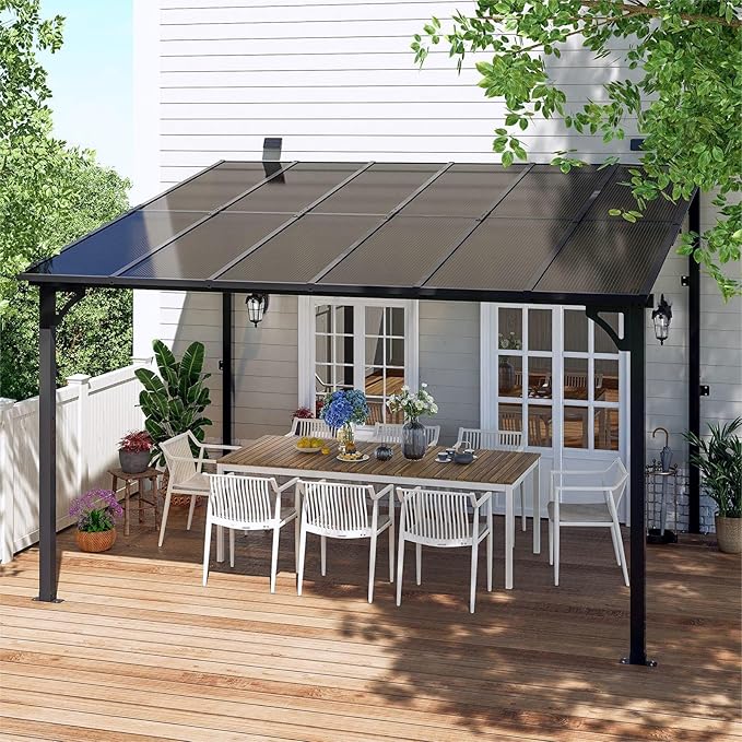 MEISSALIVVE 10' x 12' Wall Mounted Lean to Metal Awnings with Sloped Roof, Outdoor Patio Gazebo Awning for Backyard, Deck, Black