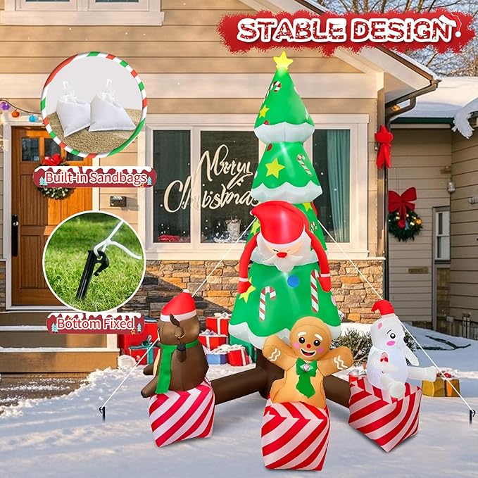 2025 Inflatable Christamas Tree 8FT Christmas Tree nflatables Combined with Santa Claus and Friends Christamas Tree Blow Up Outdoor Yard Decor Built-in 9 LEDs for Party Yard Garden Lawn