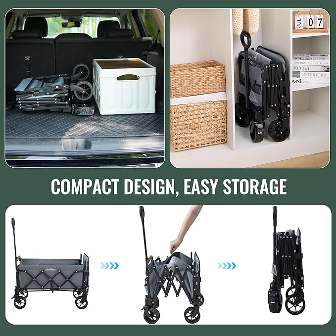 40'' Extra Long Collapsible Wagons Carts Foldable, 360LBS Foldable Wagon Cart with Wheels, Heavy Duty Portable Utility Wagon for Grocery, Shopping, Sports Garden & Camping - Gray