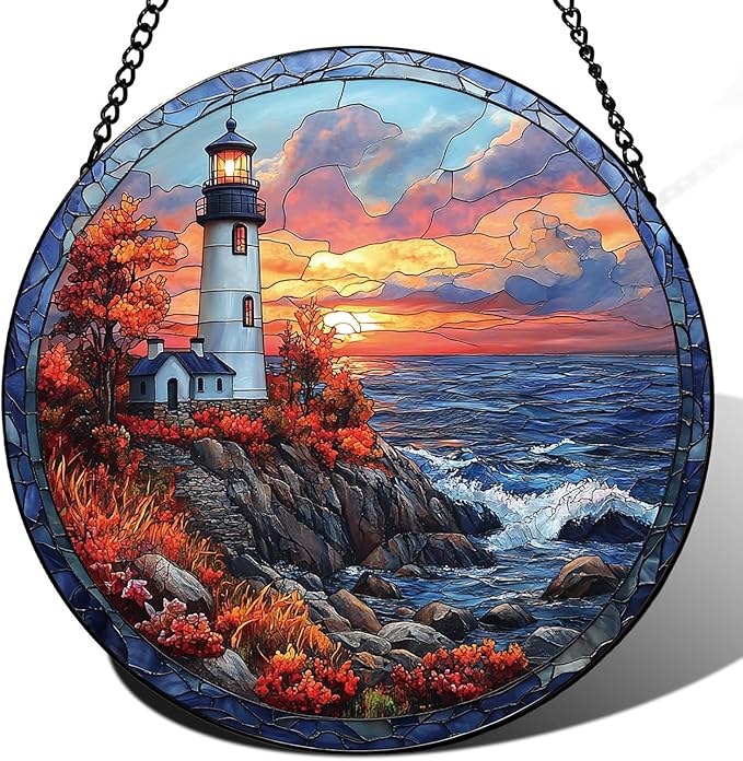 Coastal Lighthouse in Autumn Suncatcher -7.9 in Stained Glass Window Hanging Sun Catcher Garden Decor