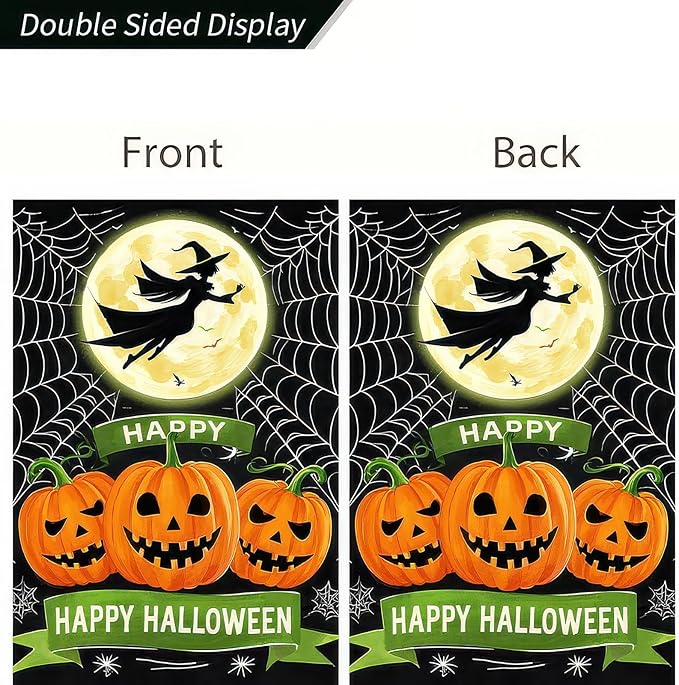 Happy Halloween Garden Flag 12x18 Inch Double Sided Witch Flying Over Moon Pumpkin Flags Spider Web Small Yard Flag for Halloween Outdoor Lawn Decoration