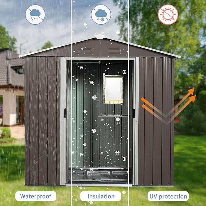 8x4 ft Outdoor Metal Storage Shed with Floor Foundation and Window, Lockable Galvanized Steel Tool Shed with Sliding Door and Air Vent, Waterproof Garden Storage House for Backyard, Patio