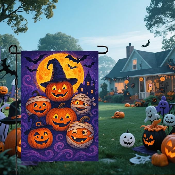 IVN Halloween Garden Flag 12x18 Inch Double Sided Pumpkin Mummy Witch Hat Outdoor Yard Flag for Outside Front Door Lawn Porch Patio Welcome Decor