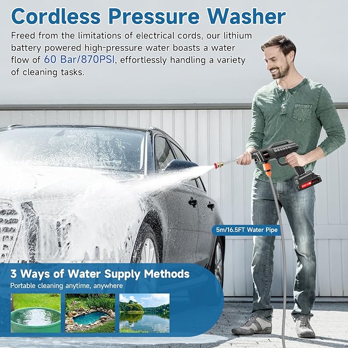 Cordless Pressure Washer Battery Powered, 1500W Portable Power Washer, 60Bar/870PSI Electric Pressure Washer Handheld High Pressure washers Gun with 2 Nozzles, 2 Battery, 5m Hose Cordless Jet Washers