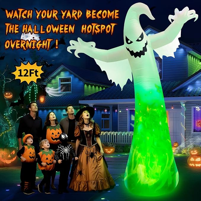 12FT Giant Halloween Inflatables Ghost with 3-Colored Flame Rotation LED Lights, Huge Spooky Halloween Decoration Outdoor Large Halloween Blow Up Yard Decorations Tall Blow-ups for Lawn Party (1PCS)