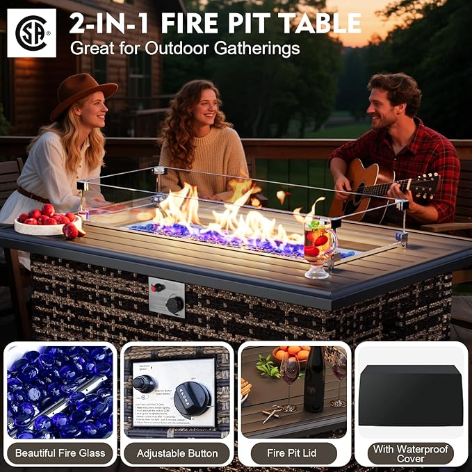 MEISSALIVVE 9 Pieces Patio Furniture Set with 43" Fire Pit Table, Wicker Patio Conversation Set with Swivel Rocking Chairs, Outdoor Patio Set for Lawn Backyard Porch (Brown)