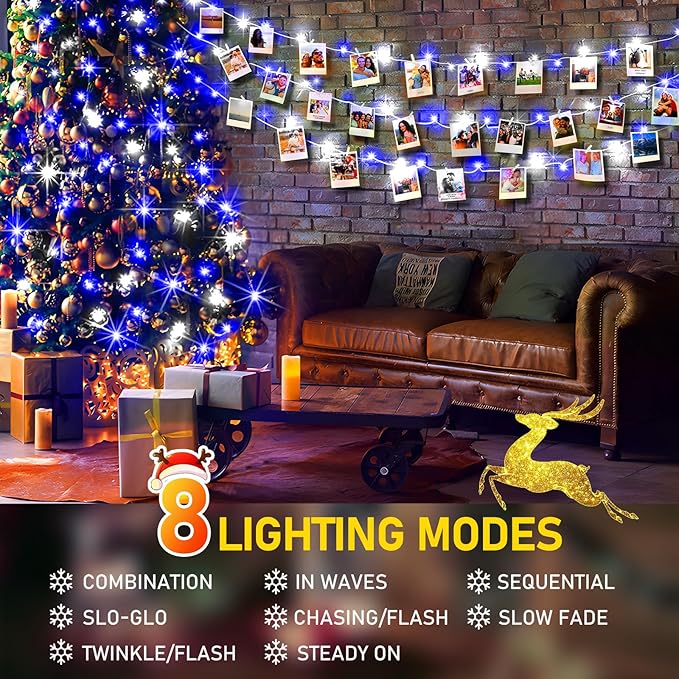 KNONEW Outdoor Christmas Lights 500 LED 197ft String Lights 8 Modes & Memory Fairy Light Plug in Waterproof LED String Lights for Xmas Yard Tree Wedding Party (Blue and White)