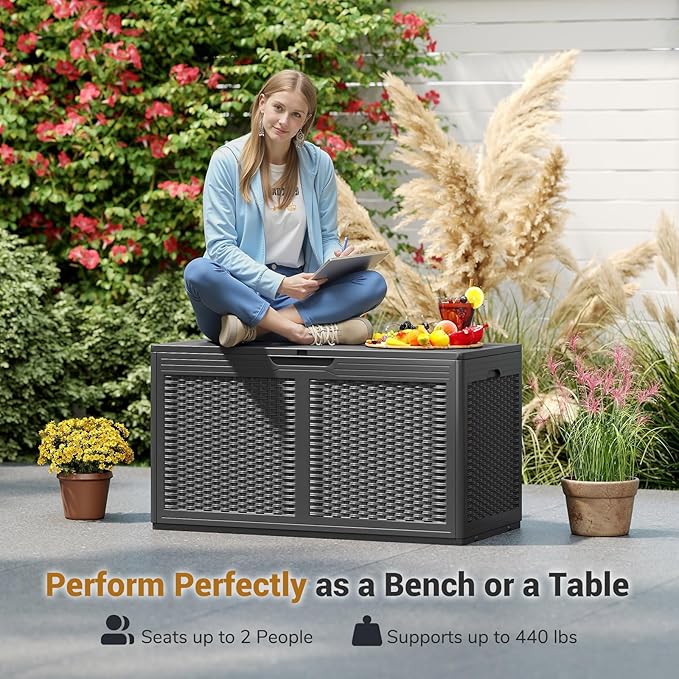 RELAX4LIFE 100-Gallon Resin Deck Box - Waterproof Outdoor Storage Box Container w/Lockable Lid & Wheels, Faux Rattan Porch Bench for Patio Furniture Cushions, Pool Accessories, Garden Tools (Grey)