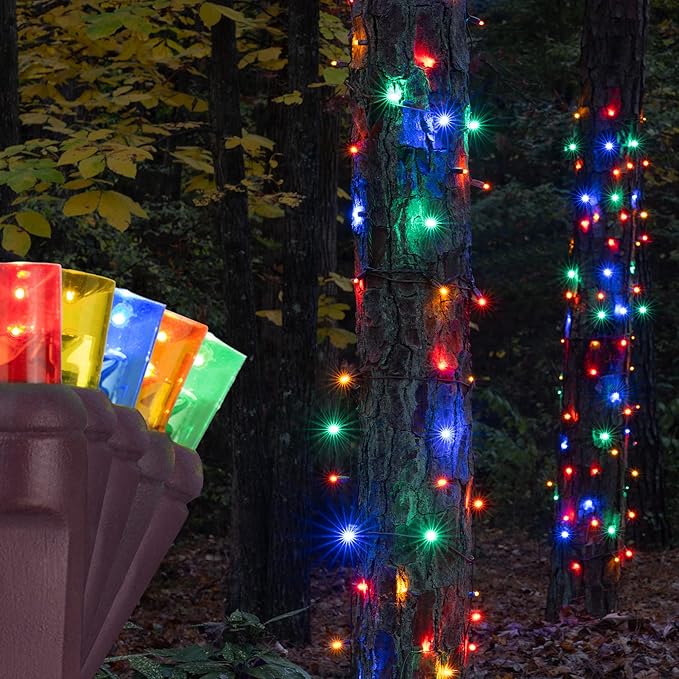 50 Multicolor StretchNet Pro Expandable Christmas Net Lights for Small Trees, LED Tree Wrap Lights - 14" x 31" Stretchable Net - Brown Wire Outside Christmas Lights