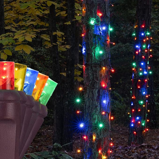 50 Multicolor StretchNet Pro Expandable Christmas Net Lights for Small Trees, LED Tree Wrap Lights - 14" x 31" Stretchable Net - Brown Wire Outside Christmas Lights