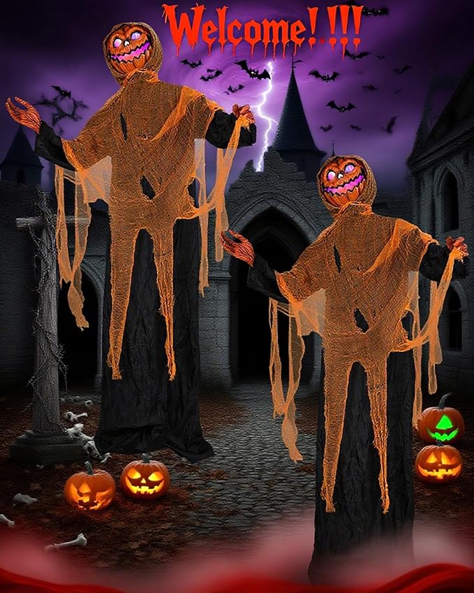 Joomer Animated Halloween Decorations Outdoor, Life-Size Animatronic Standing Pumpkin Man Decoration with Spooky Sound Activated Sensor for Haunted House, Party, Indoor,Outdoor Halloween Decoration