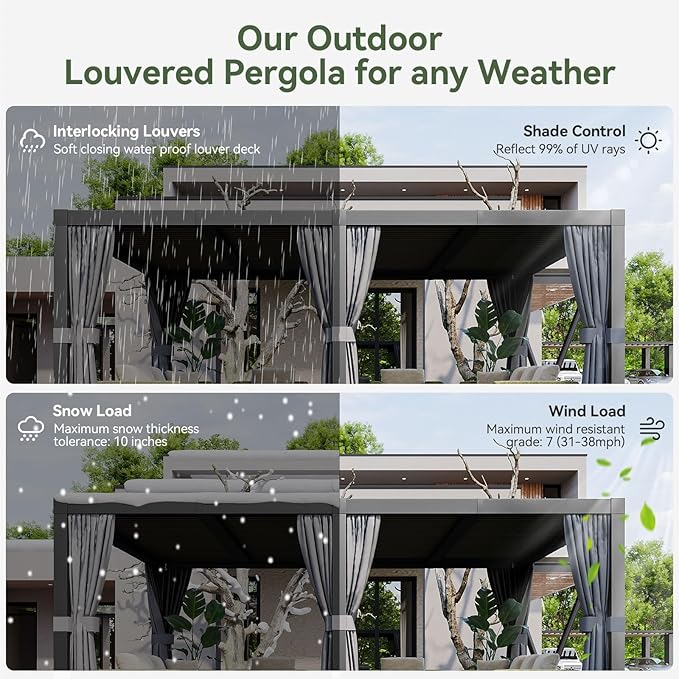 Aoxun Louvered Pergola 12' x 20' Outdoor Aluminum Pergola with Adjustable Top for Decks, Gardens and Backyards, Gray