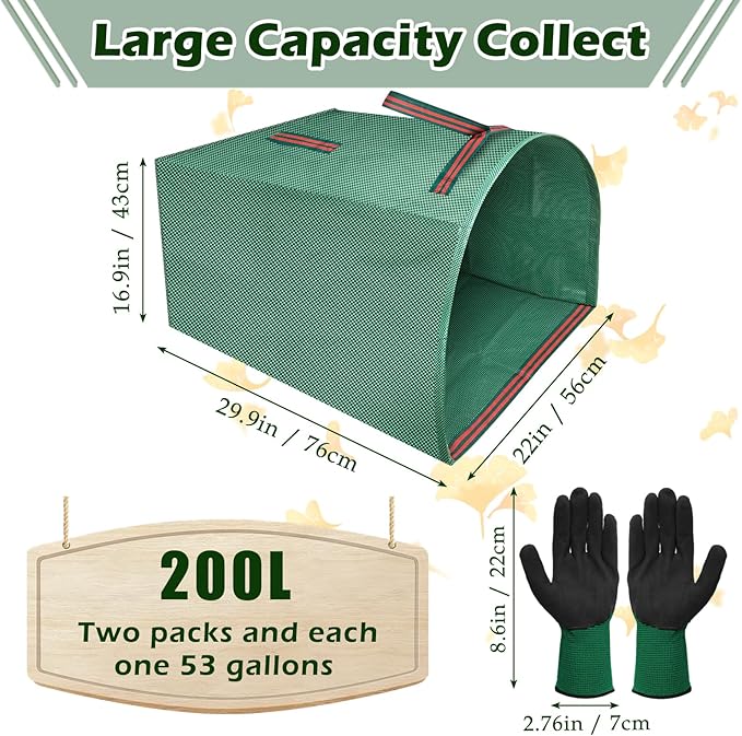 2 Pack 53 Gallons Leaf Bags, Reusable Yard Waste Bags Large Capacity Semi-Circular Dustpan-Type Lawn Bags for Collecting Leaves Sturdy & Waterproof Yard with A Pair of Gloves