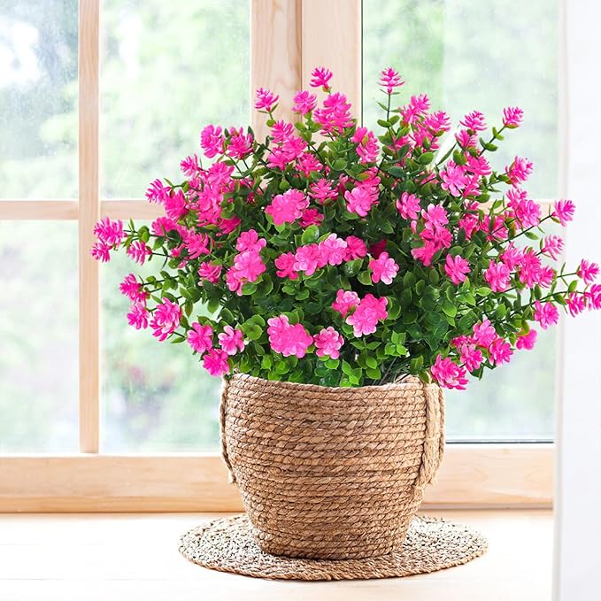Artificial Flowers Outdoor Artificial Fake Flowers Fake Greenery Fake Plants Faux Outdoor Plastic Plants UV Resistant Shrubs Boxwood Plant Eucalyptus Hanging Basket Home Garden Decor (Pink)