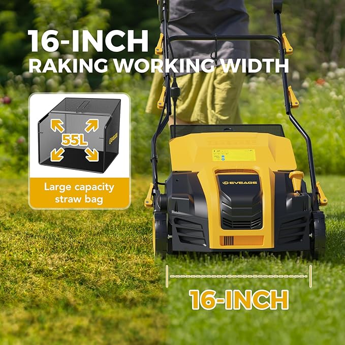 2025 Upgraded EVEAGE 16-Inch 15 Amp Electric Dethatcher & Scarifier, 5-Position Depth Adjustment, 14.5gal Collection Bag, Increases Lawn Health, EDS16S