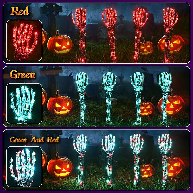 Halloween Lighted Skeleton Hands Set, 4 Pack Light Up Skeleton Arm Stakes, 4 x 3m 240 LED Green & Red Lights with 3 Modes, Realistic Halloween Yard Outdoor Decorations Graveyard Garden