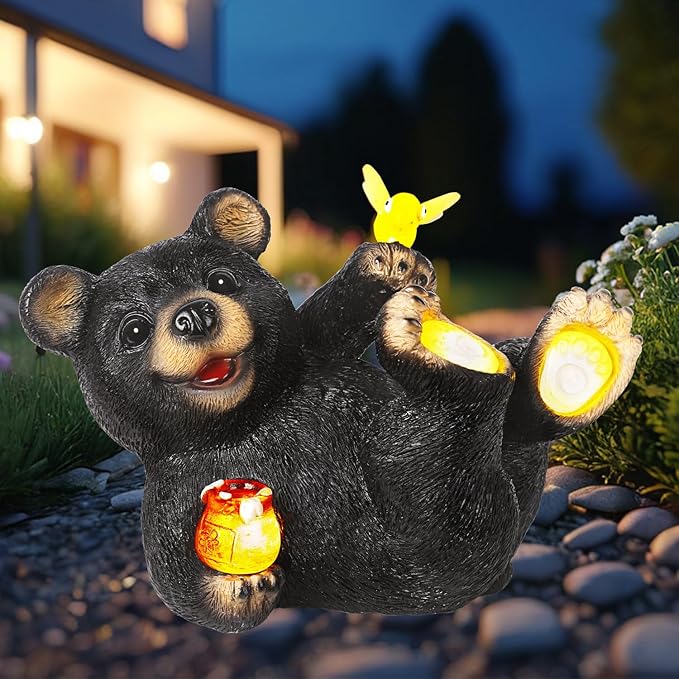 Solar Bear Garden Statues, Resin Garden Decor, Waterproof Black Bear Figurine,Solar Animals for Yard and Garden,Gifts for Mom, Women