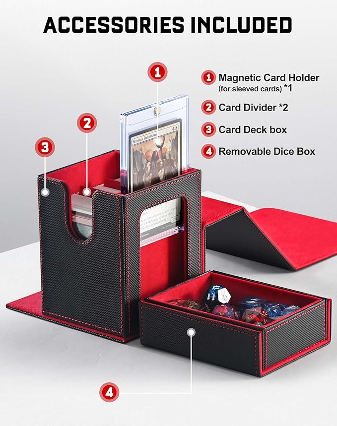 ZLCA MTG Commander Deck Box with Display Window, Deck Box Holds 100 Double-Sleeved with Dice Tray & 35pt Magnetic Card Holder（Black& Red）