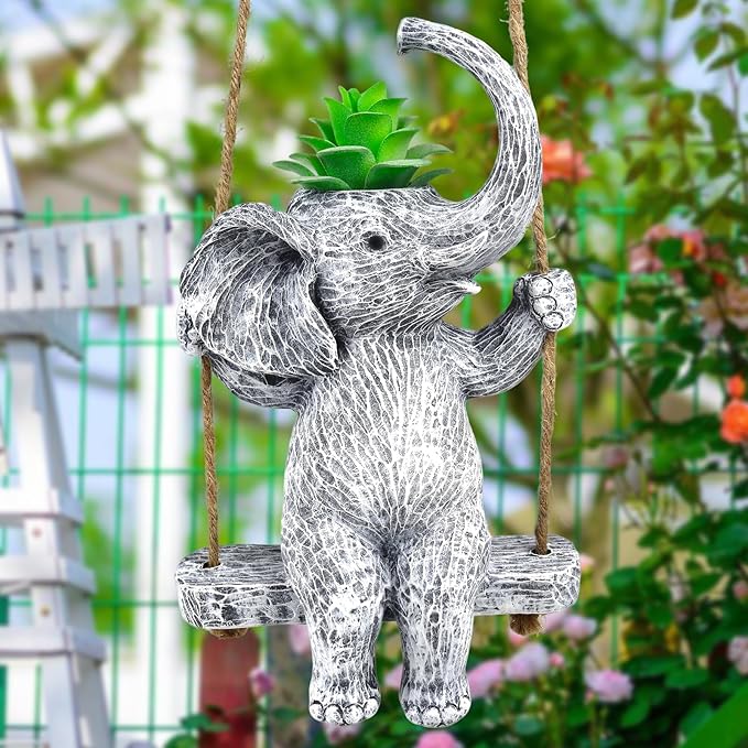 Elephant Gifts for Women Cute Succulent Pots for Outdoor Plants Funny Plant Pot Garden Pot Swing Hanging Planter Elephant Sit Swing Statue with Drainage Hole