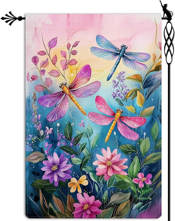 Colorful Spring Summer Dragonfly Garden Flag Floral Flowers Garden Flag Vertical Double Sided Rustic Farmland Burlap Yard Lawn Outdoor Decor 12.5x18"