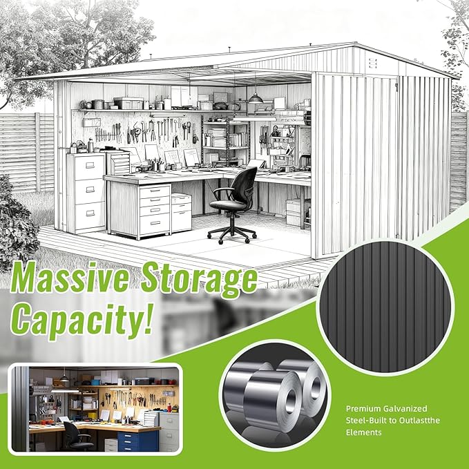 14X12 FT Outdoor Storage Shed, Durable Metal Outside Storage with Lockable Doors, Waterproof Storage Shed for Tools, Equipment, Ideal for Backyard Garden Patio Lawn