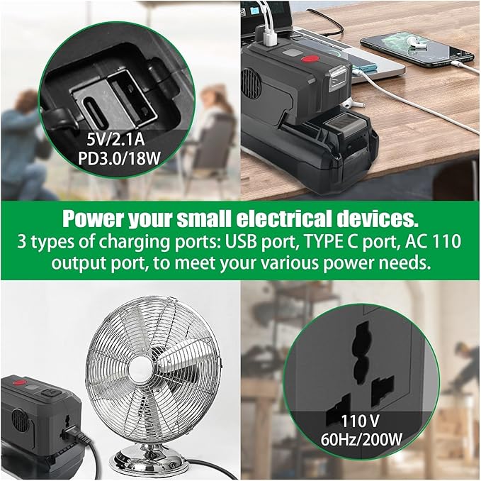 Power Inverter for Ryobi 40V Battery,200W Power Supply Inverter DC 40V to AC 110V, with Type C PD3.0 Output Port & USB Port & LED Lighting