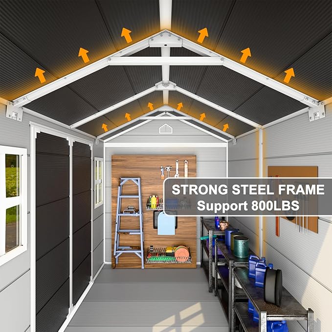 8x6 FT Resin Storage Sheds with Floor Windows Inlcuded, Waterproof Plastic Outdoor Shed Kit, Large Outside Tools Sheds for Backyard Garden Patio Lawn